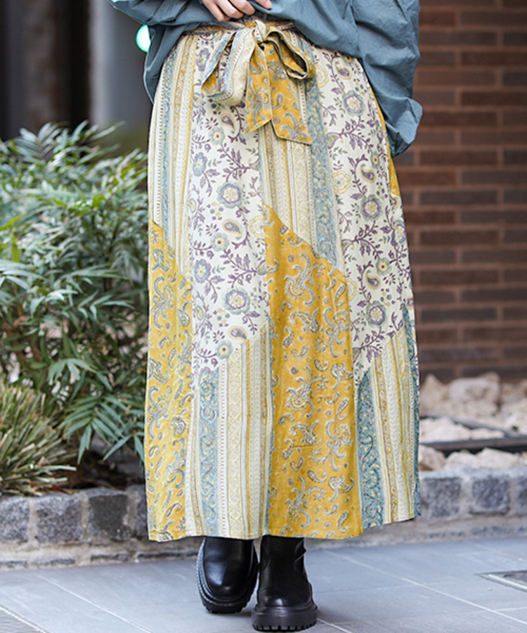 チチカカ |エコフレンドリーダイ パッチブロックプリントスカート