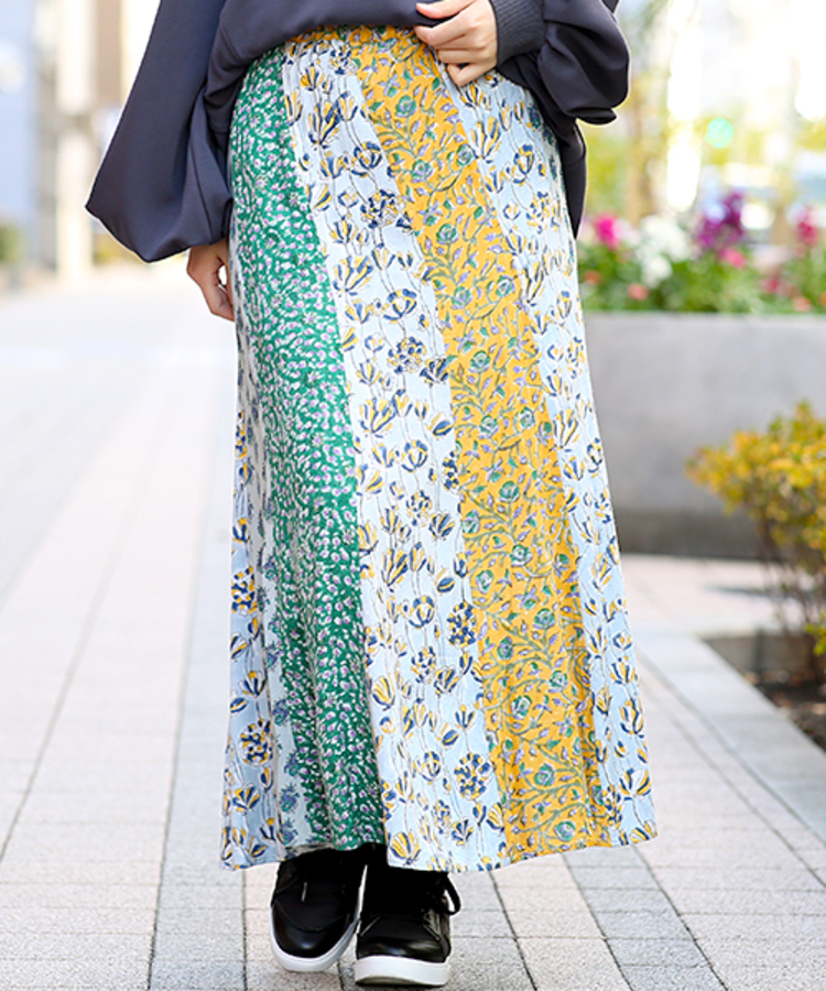 チチカカ |エコフレンドリーダイ ブロックプリントフラワーパッチスカート