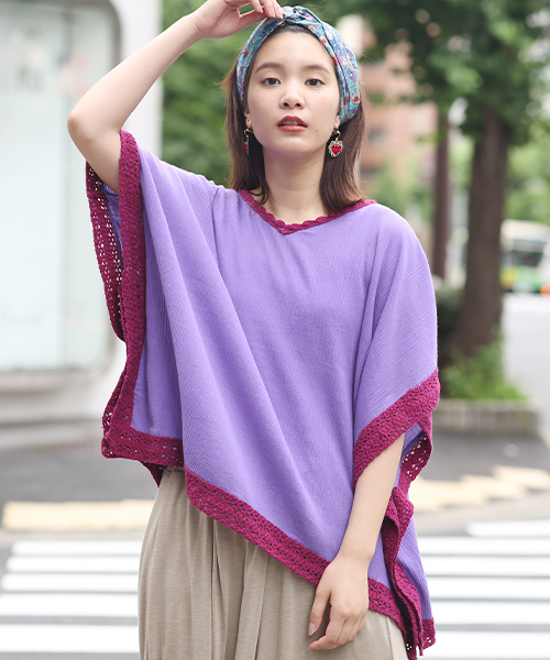 チチカカ 抑揚クロシェコンビポンチョ 楊柳クロシェコンビポンチョ / T