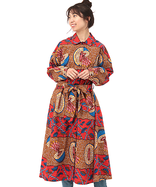 チチカカ　キウイ柄　ワンピース　ロングシャツ　エスニック キウイキテンゲワンピース / ワンピース | エスニック