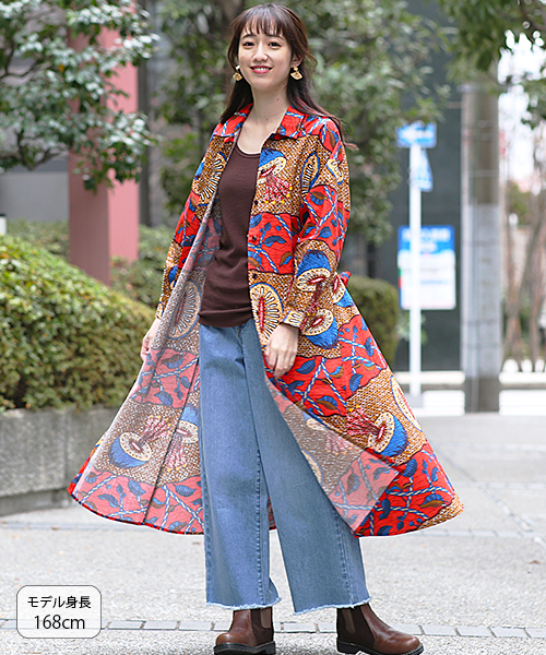 チチカカ　キウイ柄　ワンピース　ロングシャツ　エスニック セール】キウイキテンゲワンピース（シャツワンピース