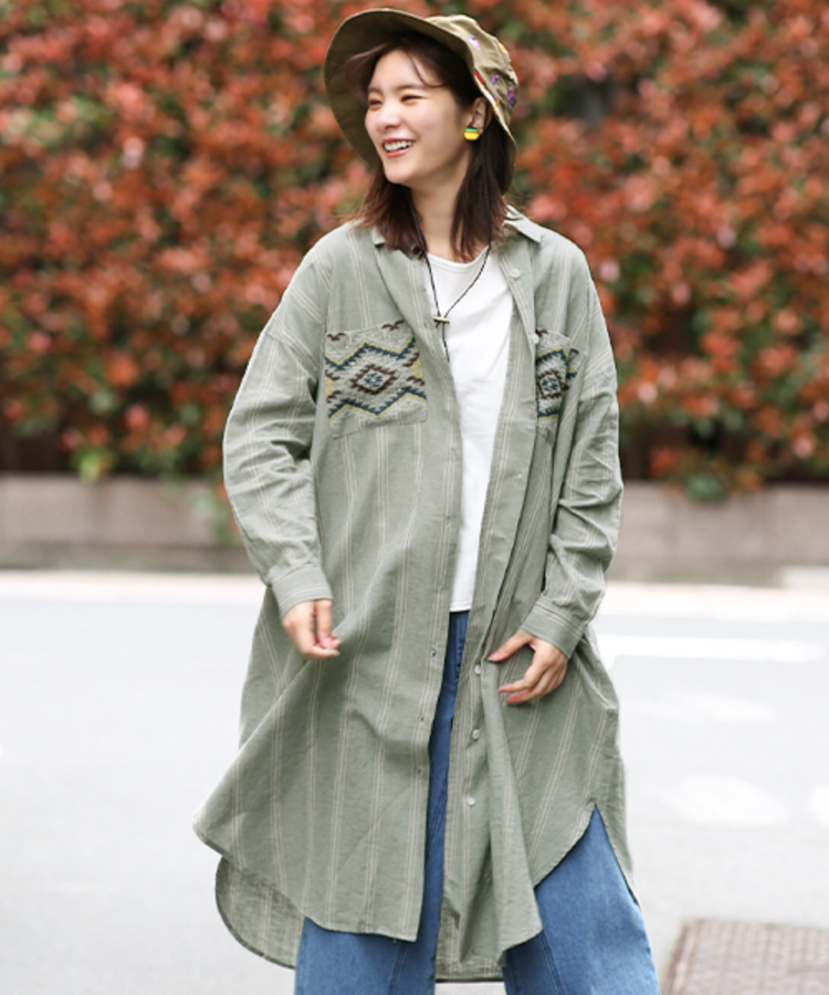 チチカカ |ストライプ×クロス刺繍シャツワンピース