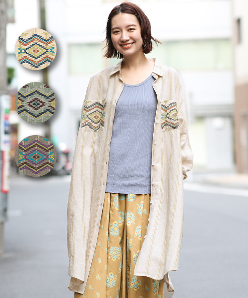 ストライプ×クロス刺繍シャツワンピース / ワンピース