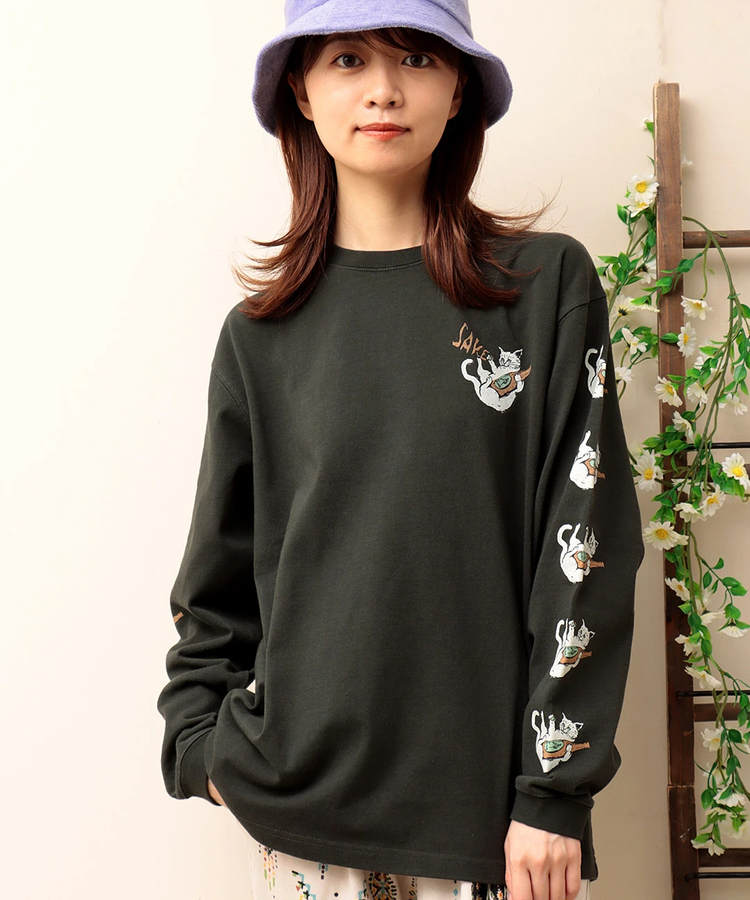 チチカカ |go slow caravan USAコットン猫と晩酌ロングTシャツ【WEB限定】