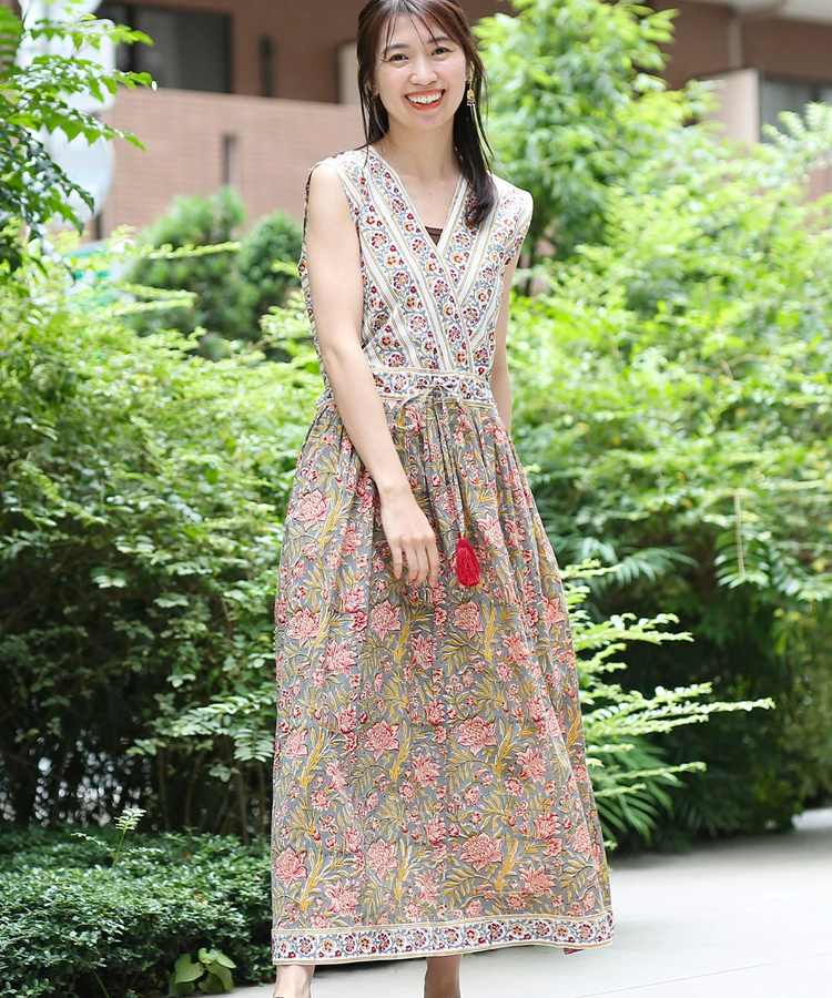 チチカカ |Shanti Shanti ブロックプリントディンティ ノースリーブワンピース【WEB限定】