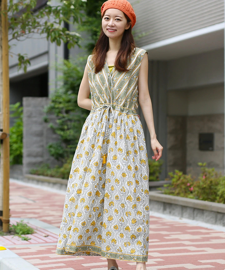 チチカカ |Shanti Shanti ブロックプリントディンティ ノースリーブワンピース【WEB限定】