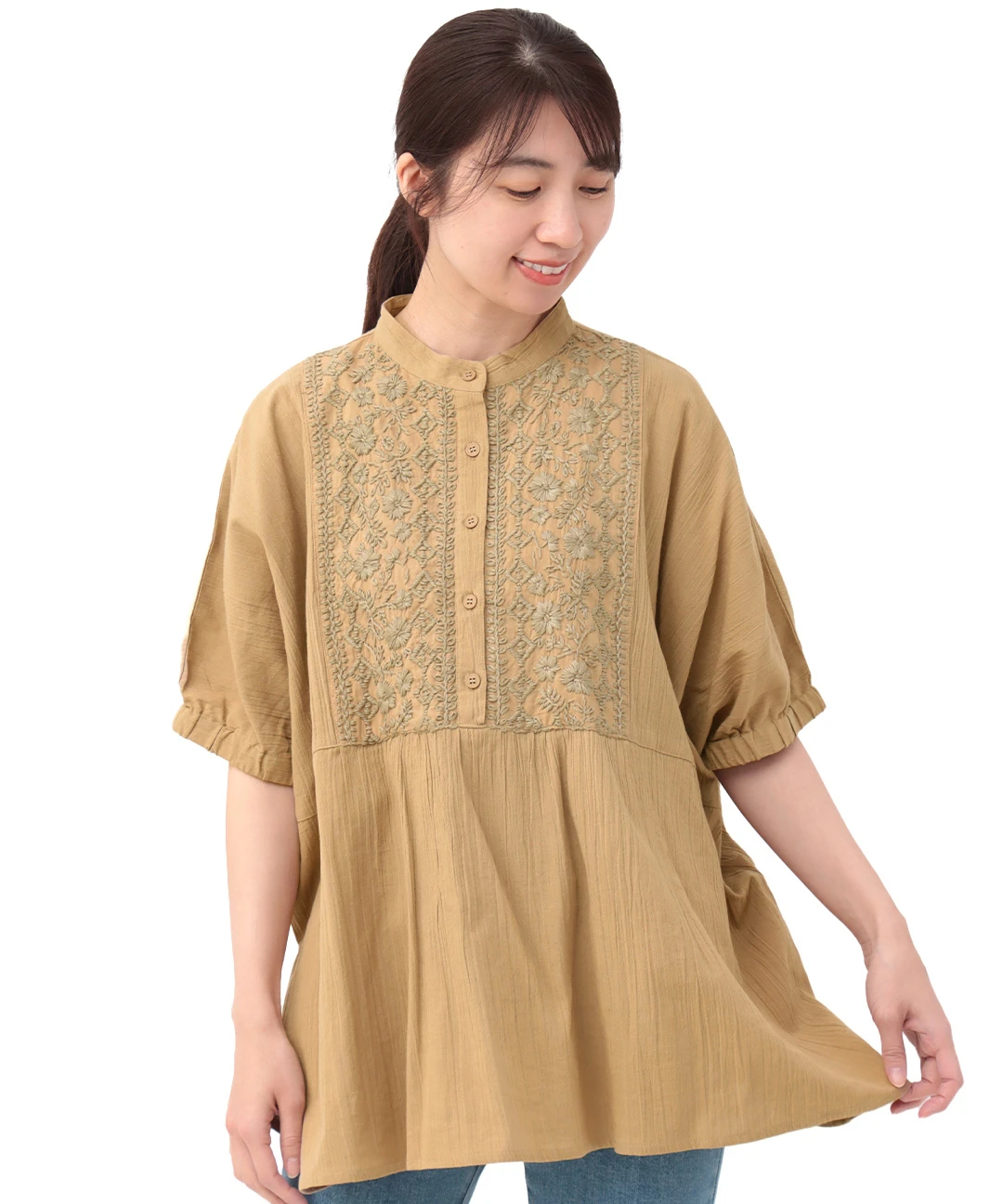 Distler 刺繍入り バンドカラー　プルオーバー チロリアン 長袖シャツ ダシキ刺繍プルオーバー（シャツ/ブラウス）｜チチカカ