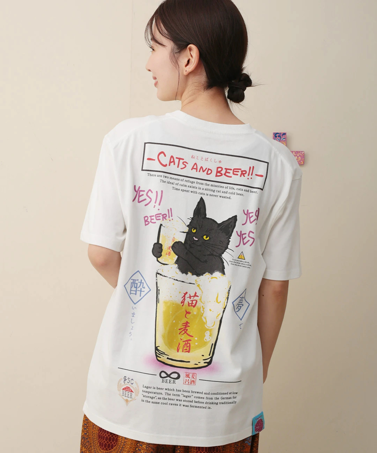 チチカカ |go slow caravan 猫と麦酒Tシャツ 麦酒風呂【WEB限定】