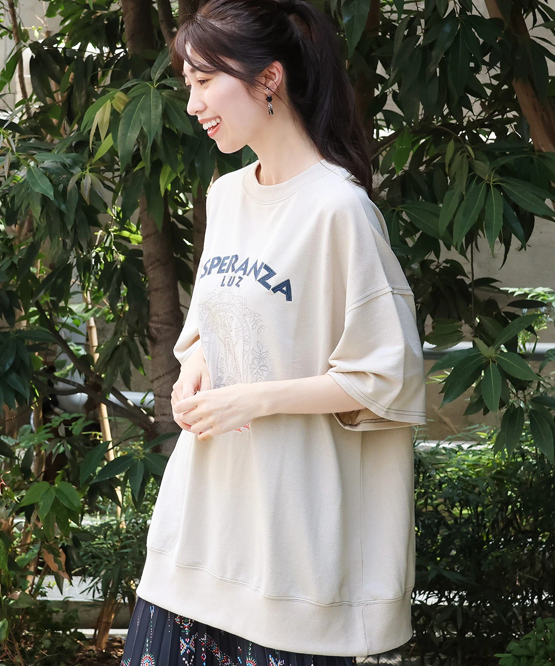 メヒコアート刺繍ミニ裏毛プルオーバー ／Tシャツ トップス レディース 秋冬 春 五分袖 ミニ裏毛 スウェット グアダルーペ オーバーサイズ ドロップショルダー メヒコアート刺繍ミニ裏毛プルオーバー / Tシャツ・カットソー