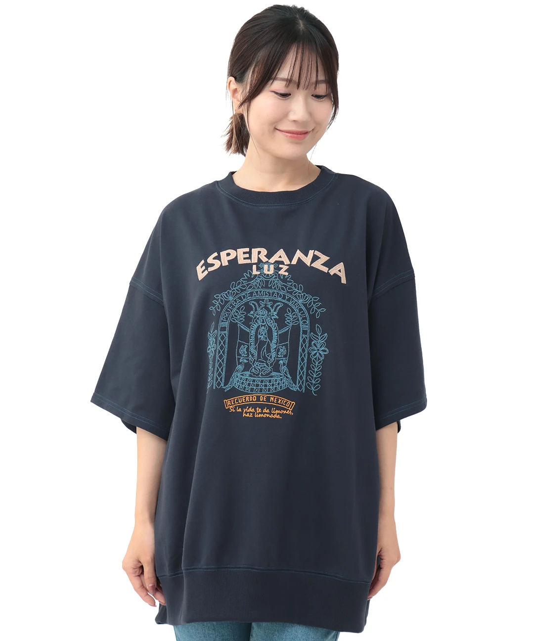 メヒコアート刺繍ミニ裏毛プルオーバー ／Tシャツ トップス レディース 秋冬 春 五分袖 ミニ裏毛 スウェット グアダルーペ オーバーサイズ ドロップショルダー メヒコアート刺繍ミニ裏毛プルオーバー / Tシャツ・カットソー