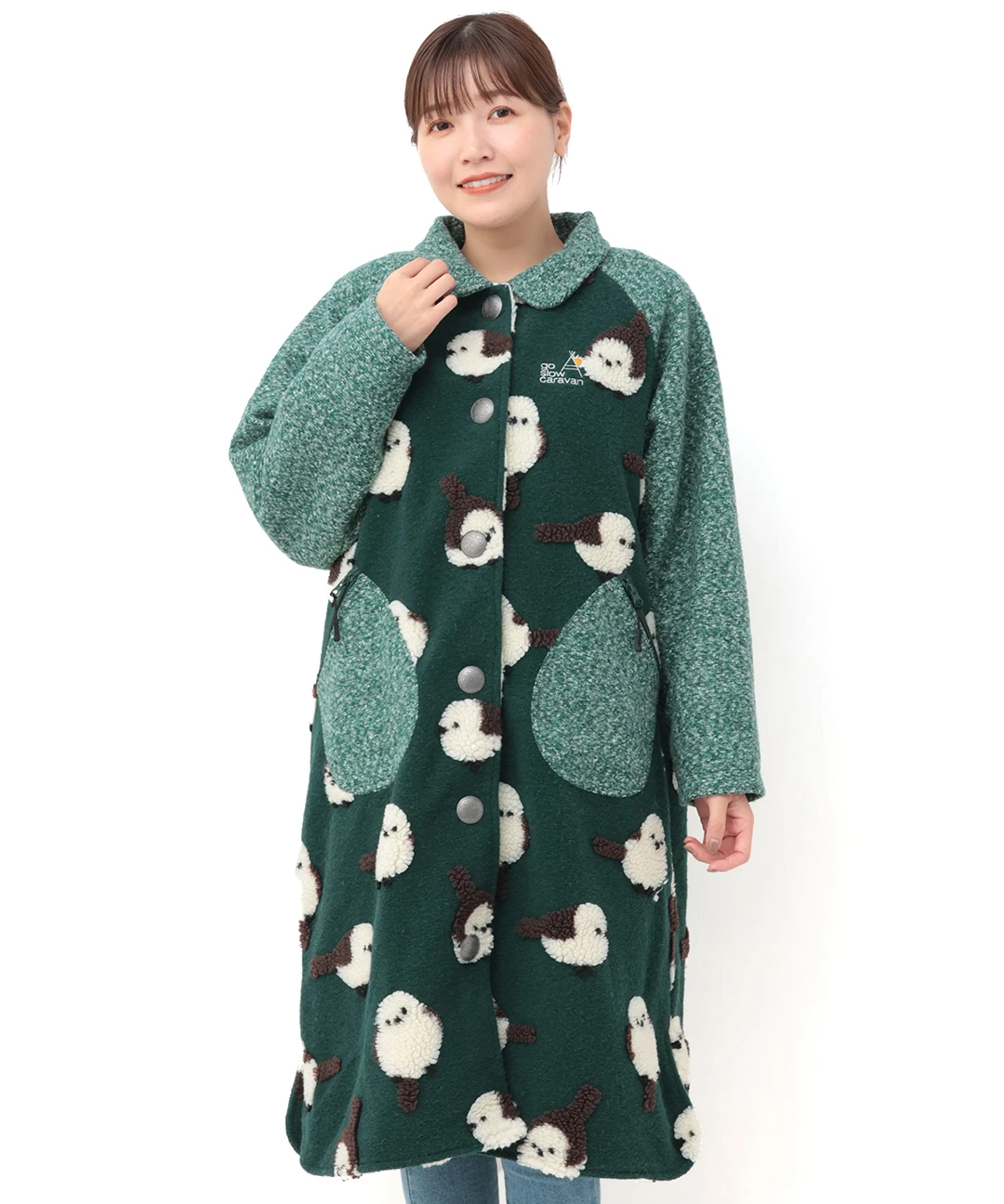 あちゃちゅむ　ボタニカル柄　ロングコート go slow caravan ジャカードボアステンカラーコンチョコート【WEB限定