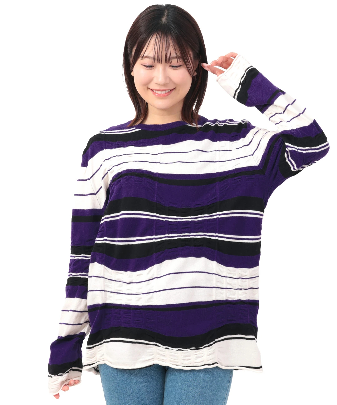 go slow caravan 歪んだボーダーニットロングTシャツ【WEB限定