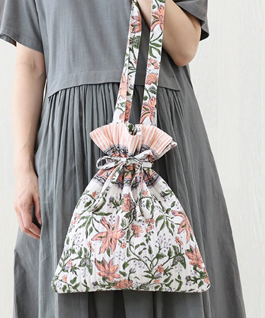 Via India ブロックプリントキルト巾着トートバッグ【WEB限定