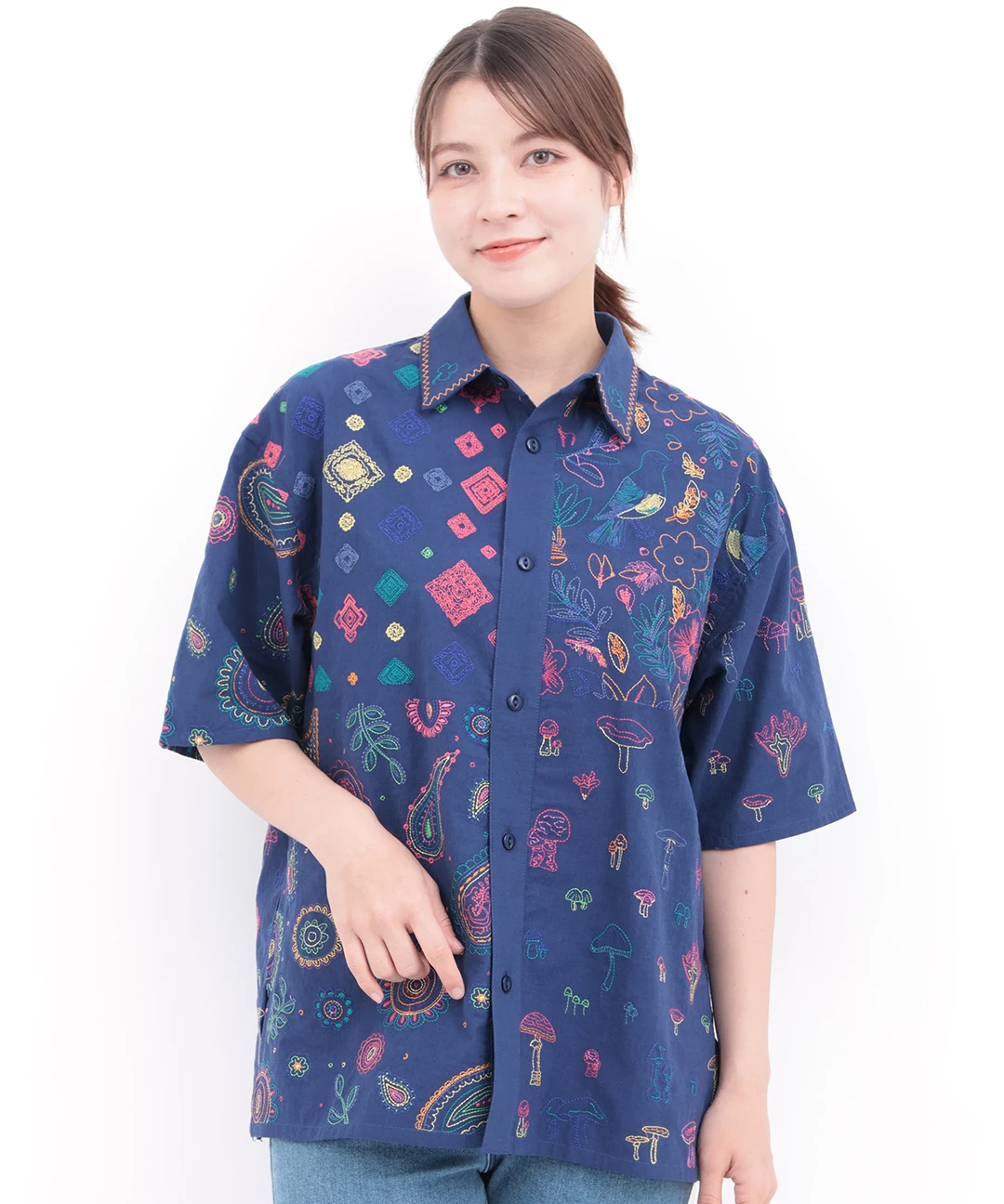 go slow caravan レーヨンコットンスクエア刺繍半袖シャツ【WEB限定