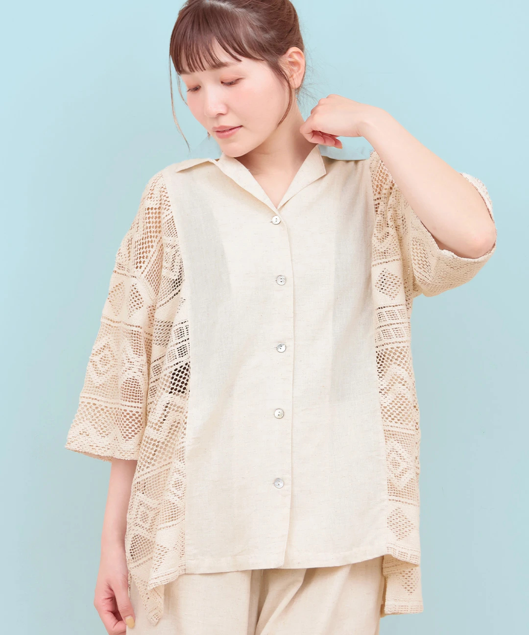 Rico インドコットン×レースシャツ