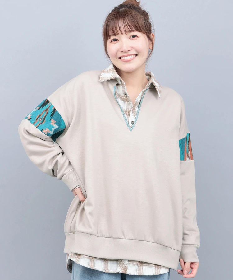 裏ジャギースリットネックプルオーバー/着用写真