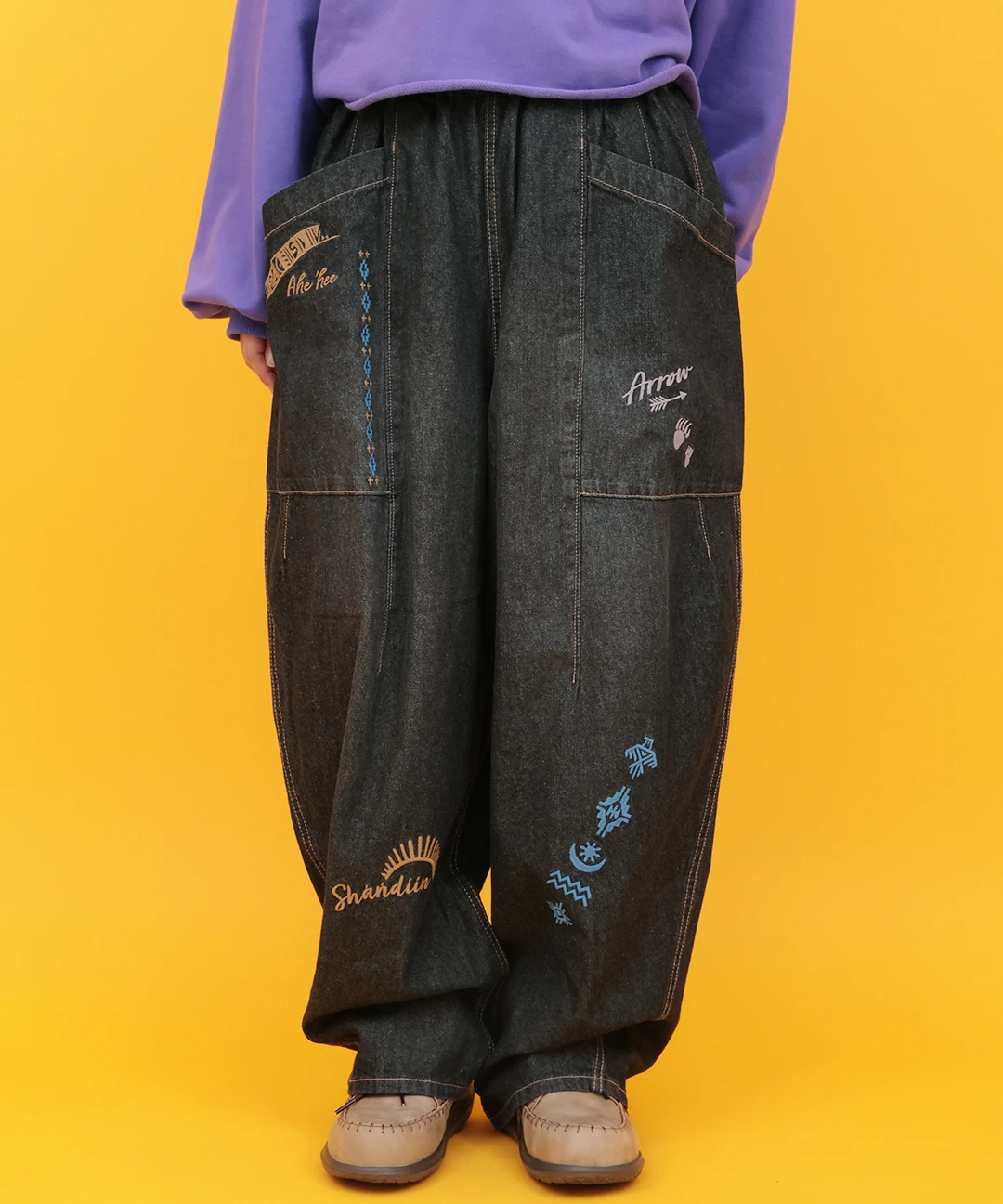 ババグーリ　リネンデニムのバルーンパンツ　花刺繍　ゆったり　ブラック　S相当 Orale! 刺繍入りデニムバルーンパンツ / パンツ | エスニック