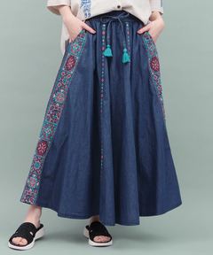 チチカカ |Rico ライトデニムメヒコタイル刺繍フレアスカート